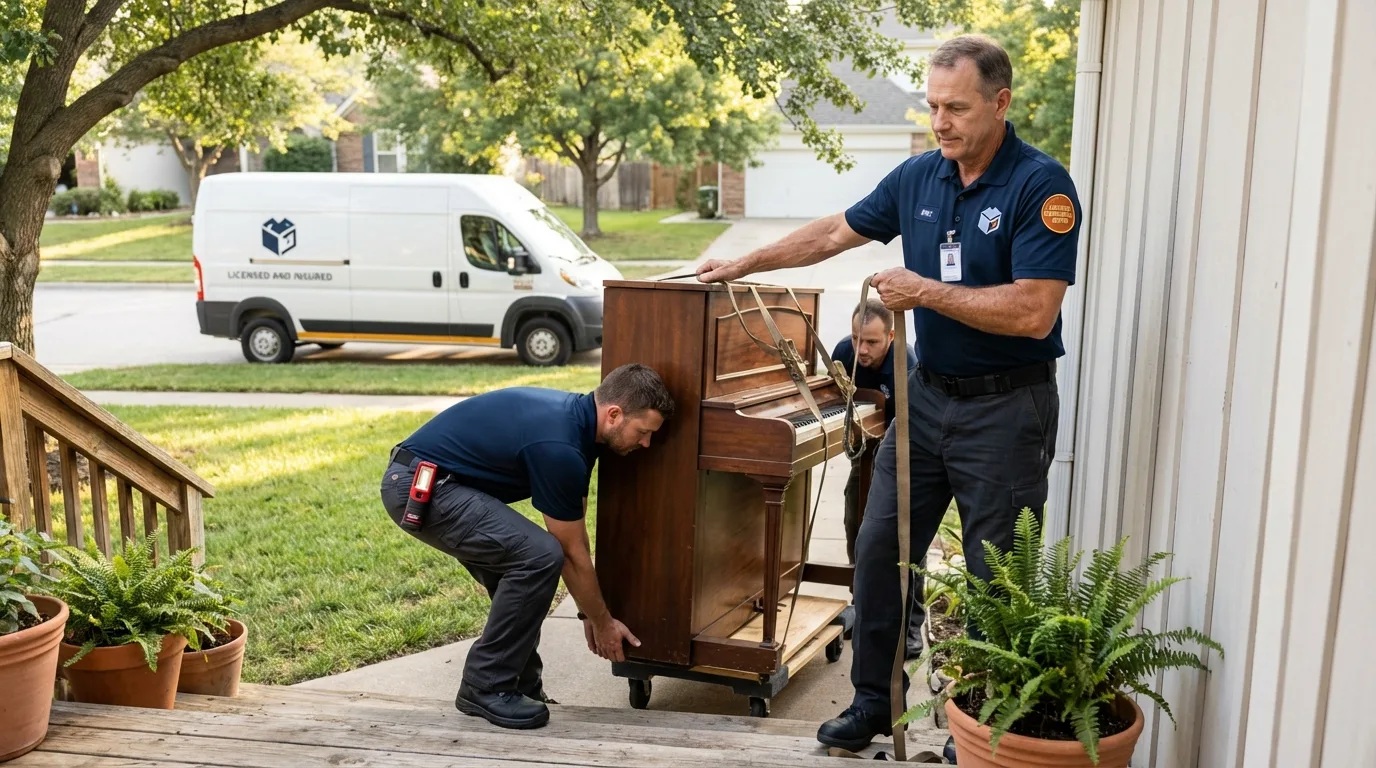Licensed piano movers securing grand piano in Bethany, WV